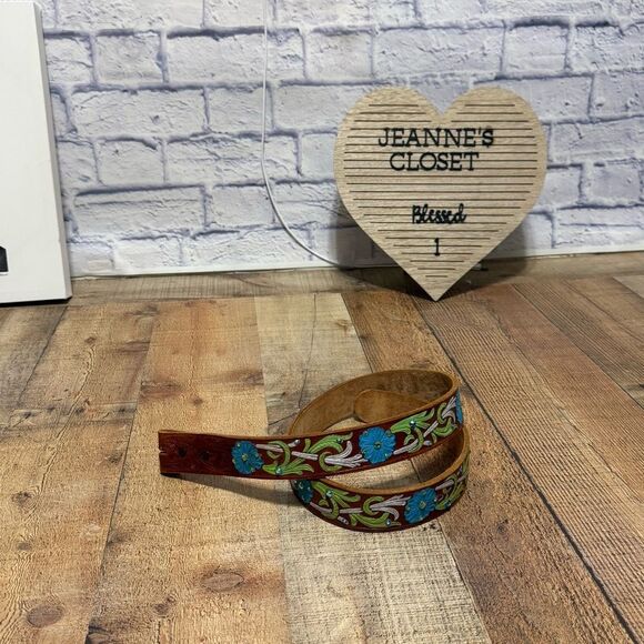 Floral painted tooled leather belt with rhinestone bling detail